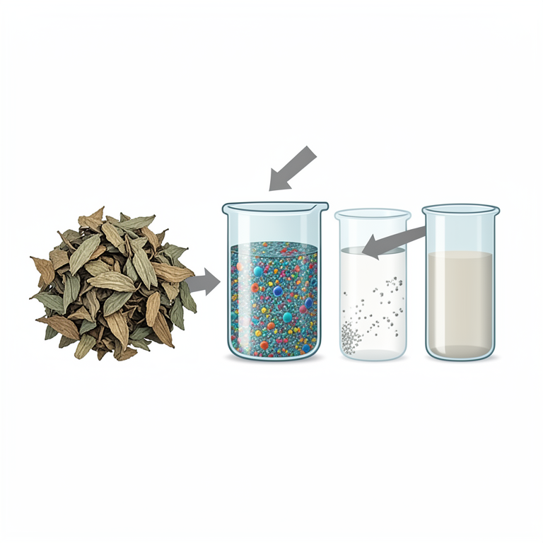 AI-generated conceptual illustration (Dried medicinal plant leaves and glass beakers containing solvents). It explains the idea and does not show study data.