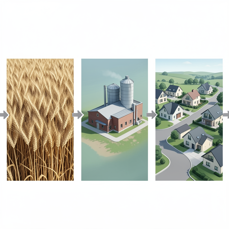 AI-generated conceptual illustration (Wheat fields and a small-scale flour mill factory in a rural landscape). It explains the idea and does not show study data.