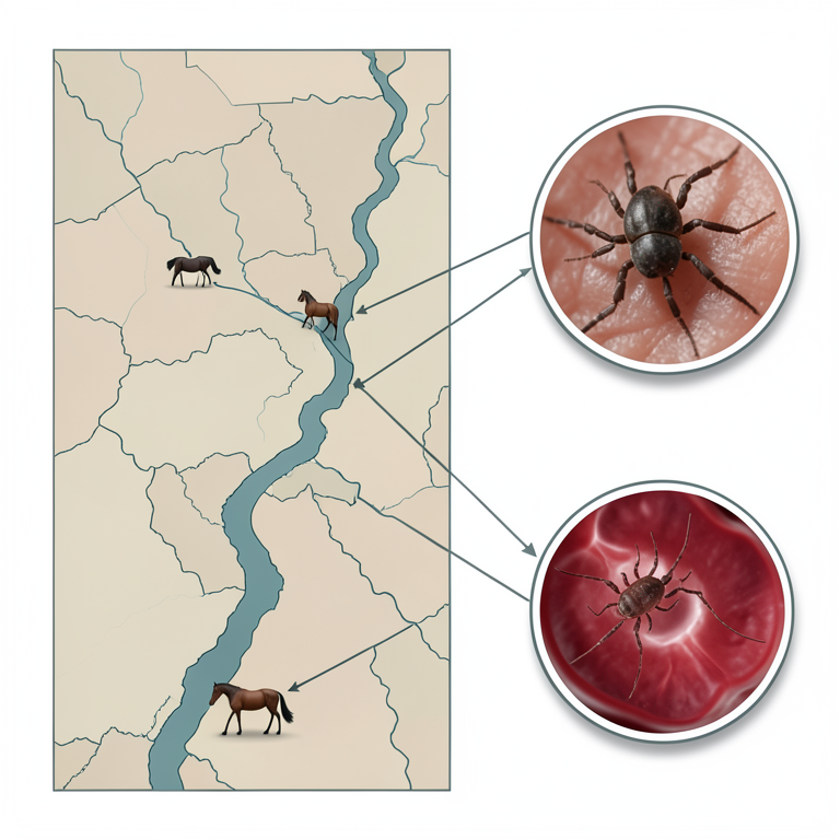 AI-generated conceptual illustration (Horses and hard ticks in the White Nile state of Sudan). It explains the idea and does not show study data.