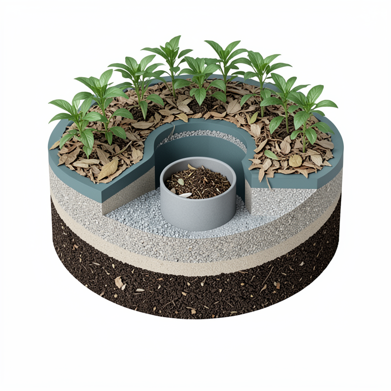 AI-generated conceptual illustration (a circular keyhole garden bed). It explains the idea and does not show study data.