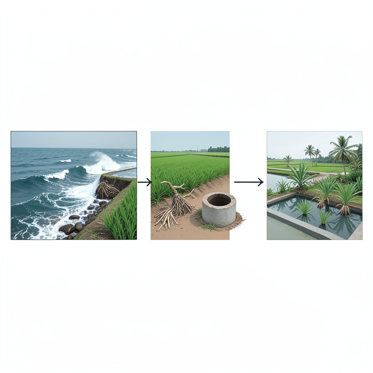 AI-generated conceptual illustration (Coastal landscape of Bangladesh featuring mangroves, rice paddies, and rural villages). It explains the idea and does not show study data.