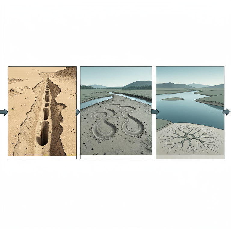 AI-generated conceptual illustration (Ancient Morrison Formation sedimentary environments with trace fossils). It explains the idea and does not show study data.