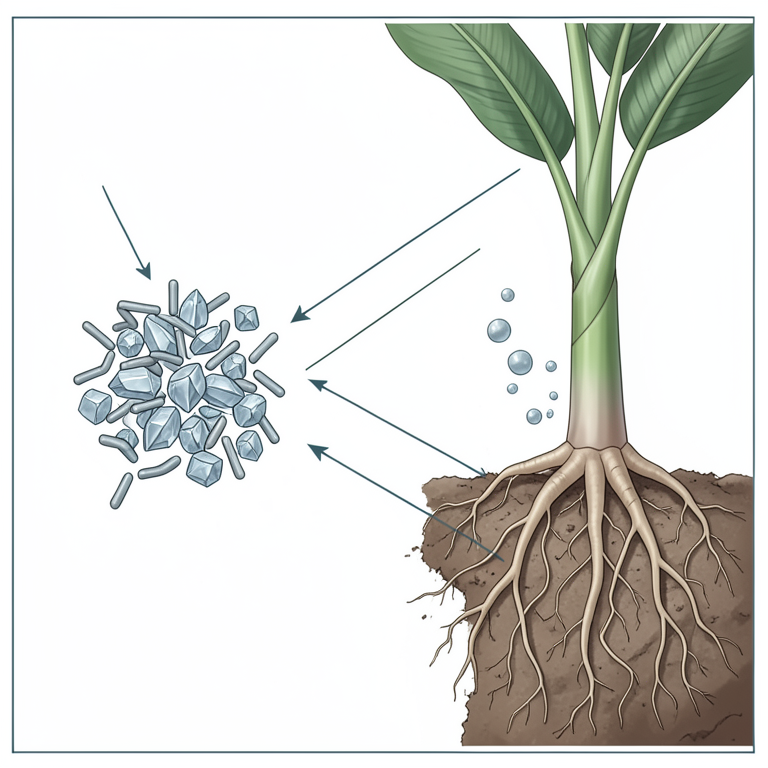 AI-generated conceptual illustration (banana plant roots in soil with mineral crystals and bacteria). It explains the idea and does not show study data.