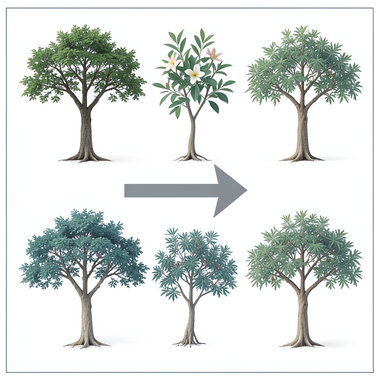 AI-generated conceptual illustration (Tropical tree species in Balod district, Chhattisgarh, India). It explains the idea and does not show study data.