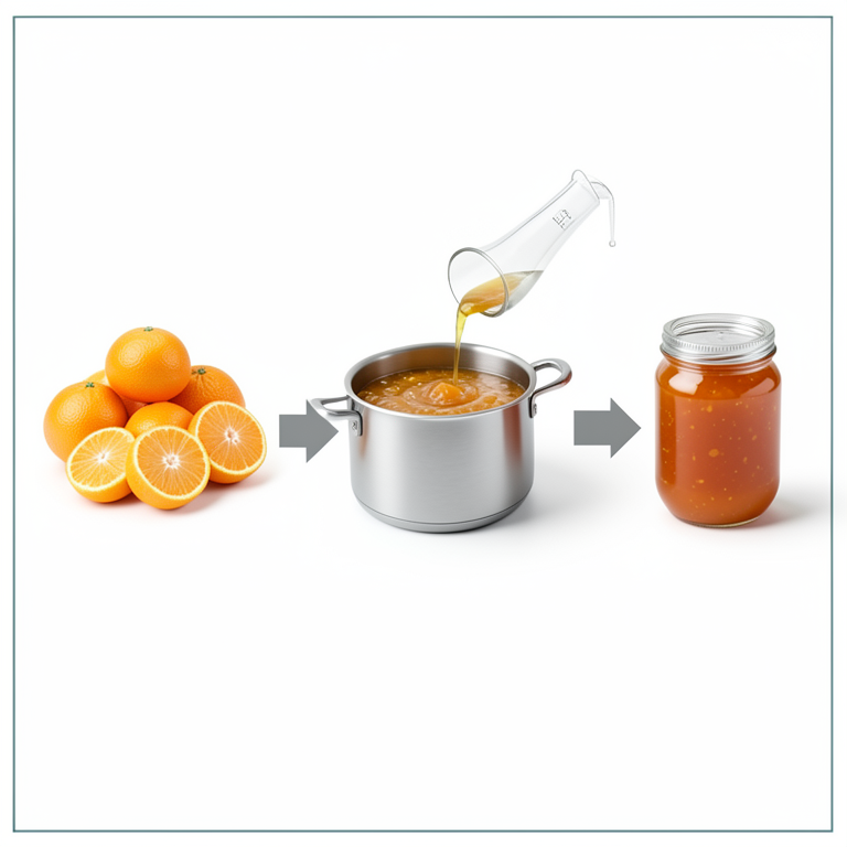 AI-generated conceptual illustration (ripe oranges and orange jam production equipment). It explains the idea and does not show study data.