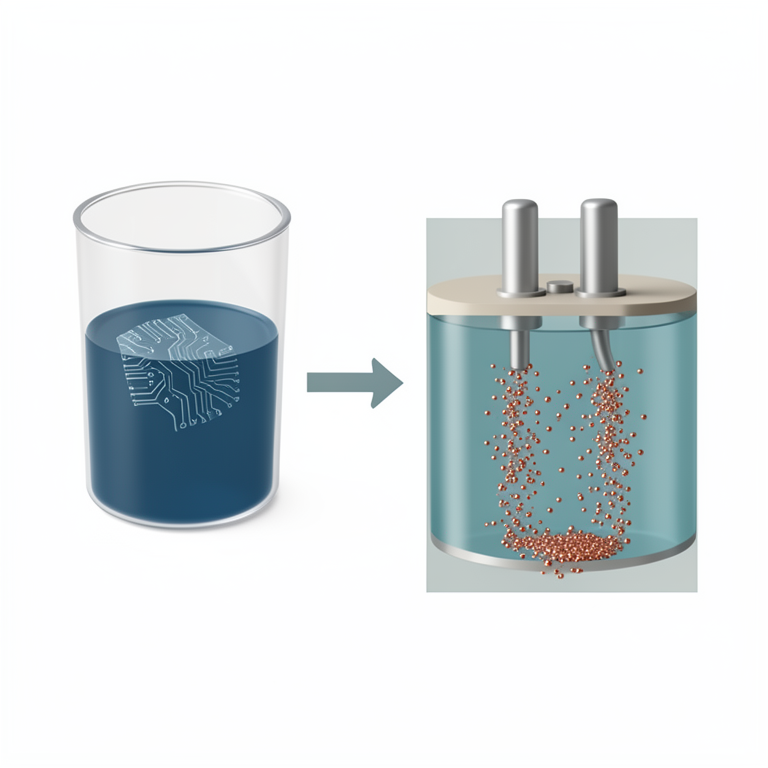 AI-generated conceptual illustration (copper electrodeposition cell with printed circuit board leach solution). It explains the idea and does not show study data.