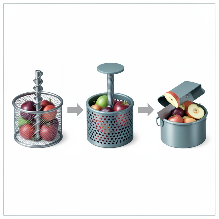 AI-generated conceptual illustration (Horticultural fruits (apples, oranges, and berries) in mechanical extraction devices). It explains the idea and does not show study data.