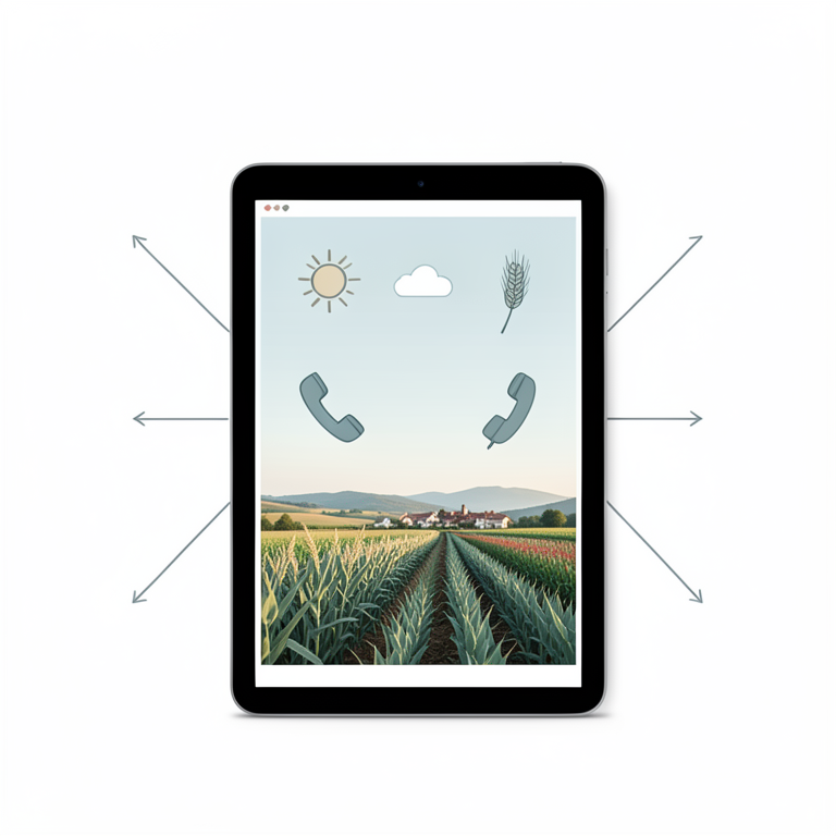 AI-generated conceptual illustration (A digital tablet displaying a farming news interface and a rural farmland landscape). It explains the idea and does not show study data.