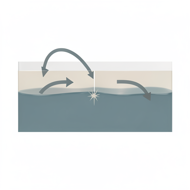 AI-generated conceptual illustration (A cross-section of a plastic food packaging film in contact with a liquid food matrix). It explains the idea and does not show study data.