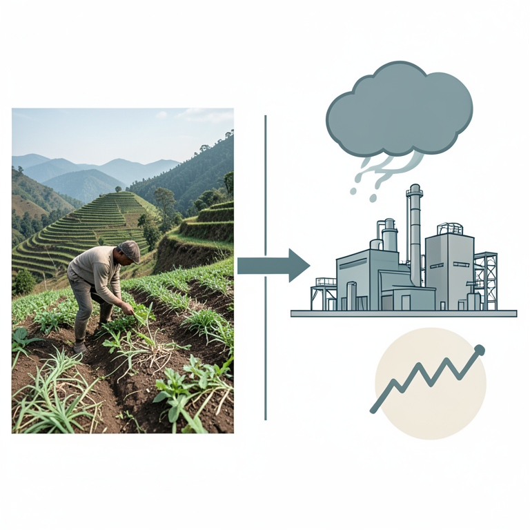 AI-generated conceptual illustration (Uttarakhand hill farmers and a food processing factory). It explains the idea and does not show study data.