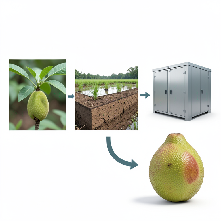 AI-generated conceptual illustration (Jackfruit (Artocarpus heterophyllus) in a floodplain setting). It explains the idea and does not show study data.