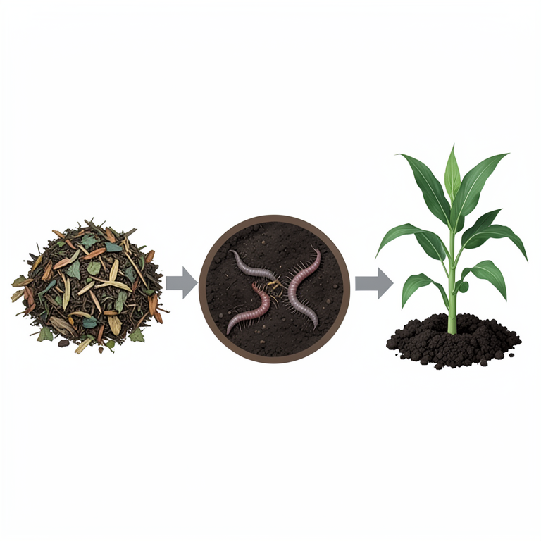 AI-generated conceptual illustration (Eisenia fetida earthworms and organic waste in soil). It explains the idea and does not show study data.