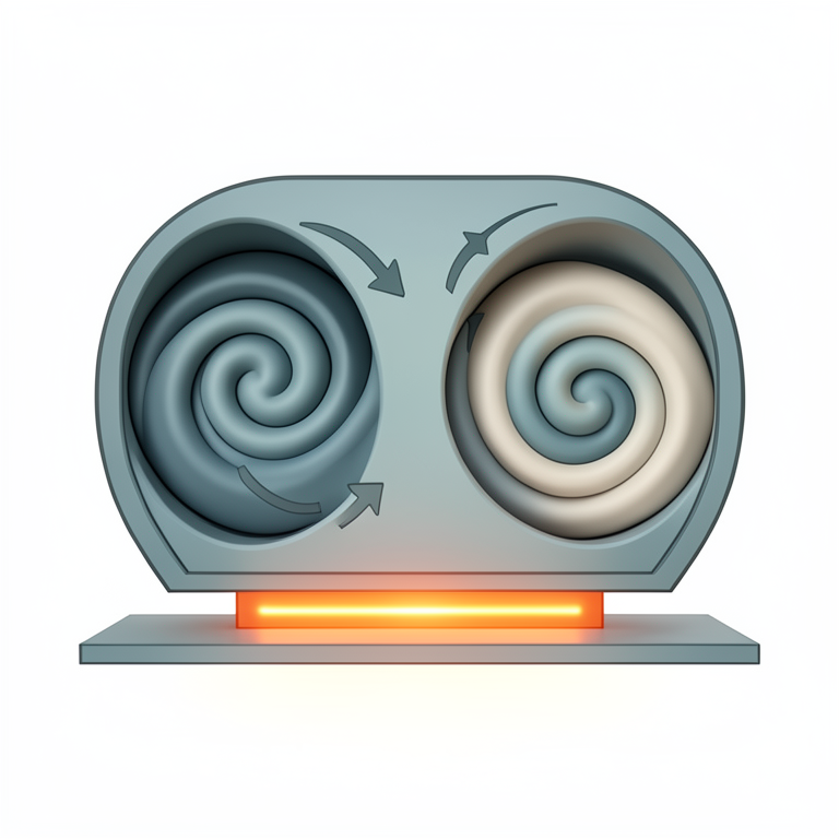 AI-generated conceptual illustration (M-shaped closed enclosure containing a fluid with a heating element at the bottom wall). It explains the idea and does not show study data.