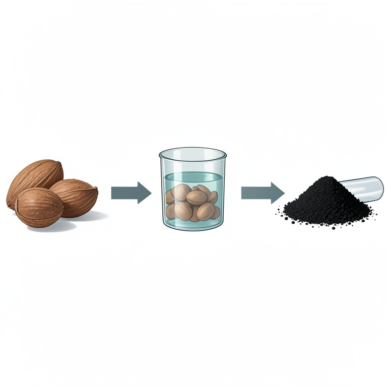 AI-generated conceptual illustration (coconut shells and a laboratory tube furnace). It explains the idea and does not show study data.