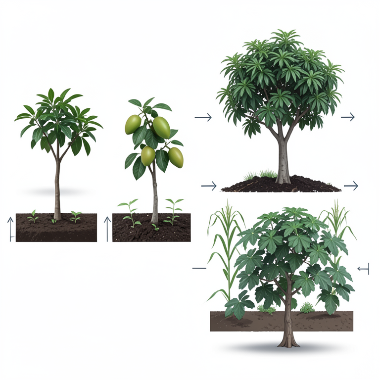 AI-generated conceptual illustration (Mango trees intercropped with beans, maize, and cassava in a rift zone soil substrate). It explains the idea and does not show study data.
