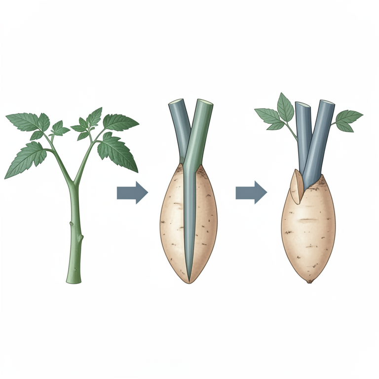 AI-generated conceptual illustration (tomato and potato seedlings). It explains the idea and does not show study data.
