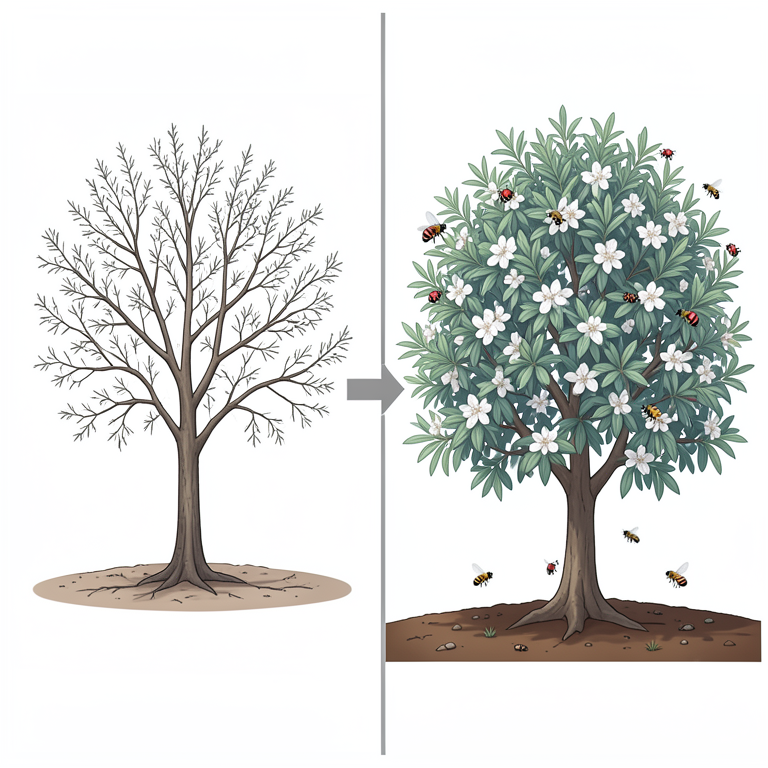 AI-generated conceptual illustration (almond trees in a moorland landscape). It explains the idea and does not show study data.