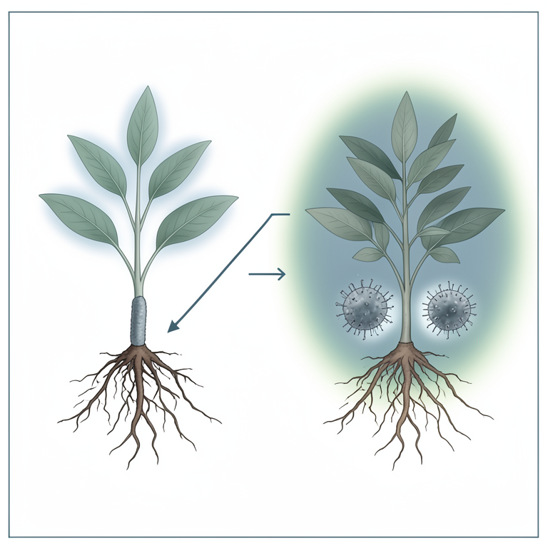 AI-generated conceptual illustration (Arabidopsis thaliana plants and endophytic bacteria). It explains the idea and does not show study data.