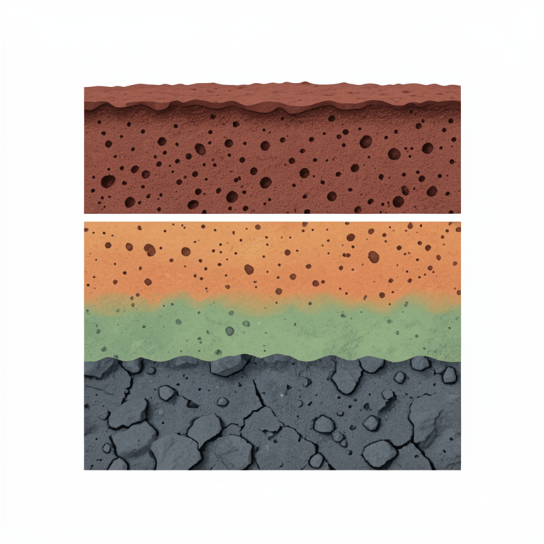 AI-generated conceptual illustration (New Caledonian ultramafic laterite soil profile). It explains the idea and does not show study data.