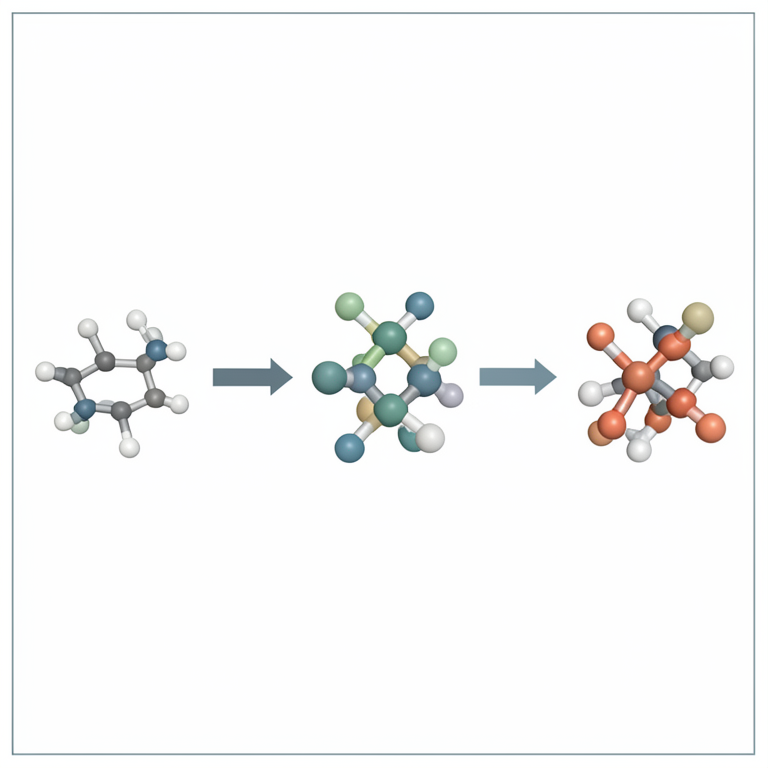 AI-generated conceptual illustration (Chemical molecules and a copper metal complex in a laboratory setting). It explains the idea and does not show study data.