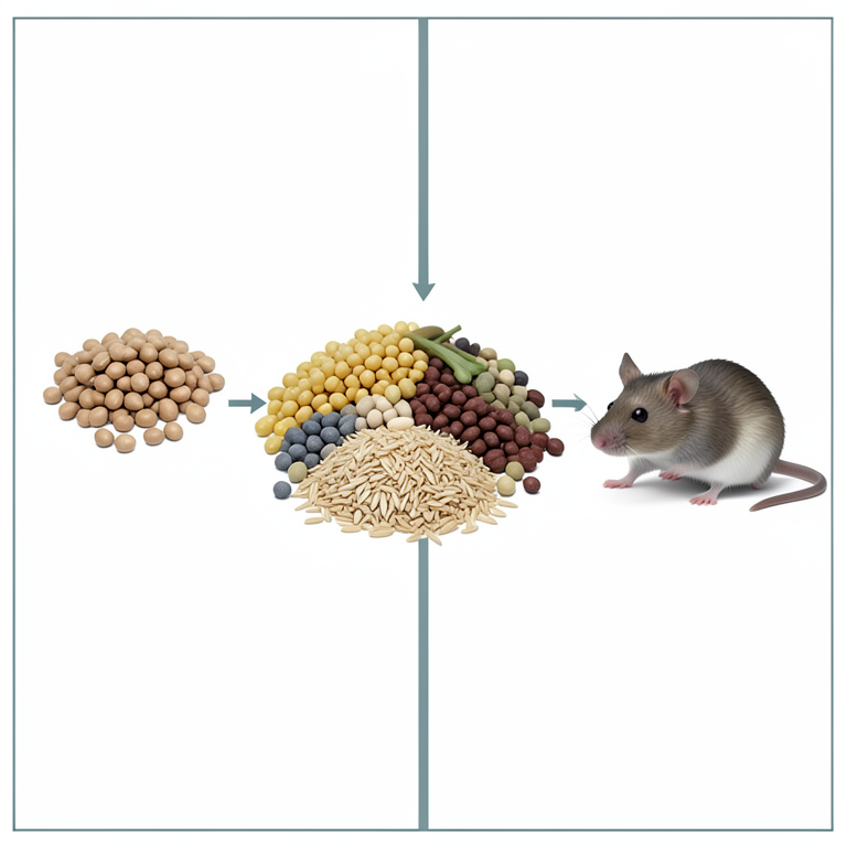 AI-generated conceptual illustration (laboratory rats and extruded feed ingredients). It explains the idea and does not show study data.