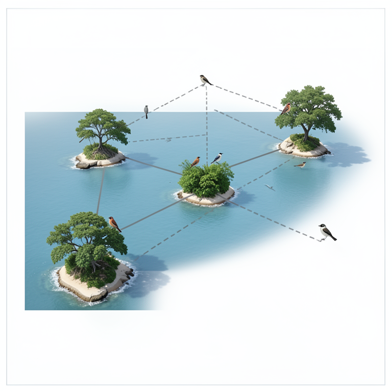 AI-generated conceptual illustration (passerine birds on a tropical island archipelago). It explains the idea and does not show study data.