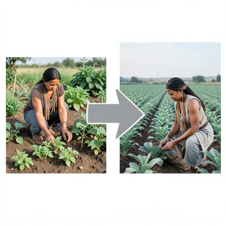 AI-generated conceptual illustration (Tribal women agricultural workers in rural India). It explains the idea and does not show study data.