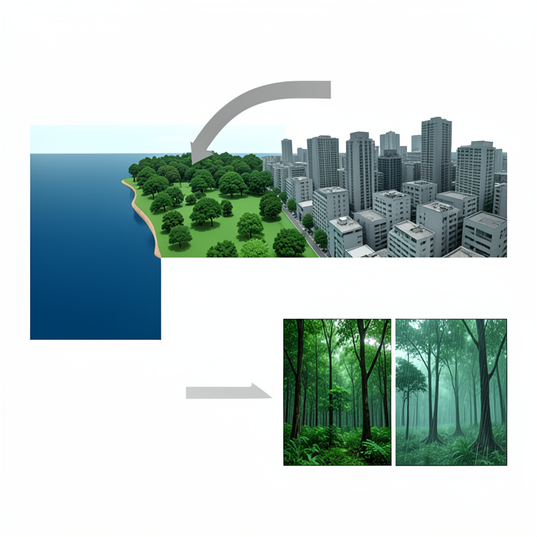 AI-generated conceptual illustration (Urban land surfaces in Bangkok, including water bodies, vegetation, and dense built-up areas). It explains the idea and does not show study data.