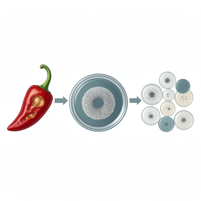 AI-generated conceptual illustration (chilli fruits and Colletotrichum capsici fungus). It explains the idea and does not show study data.