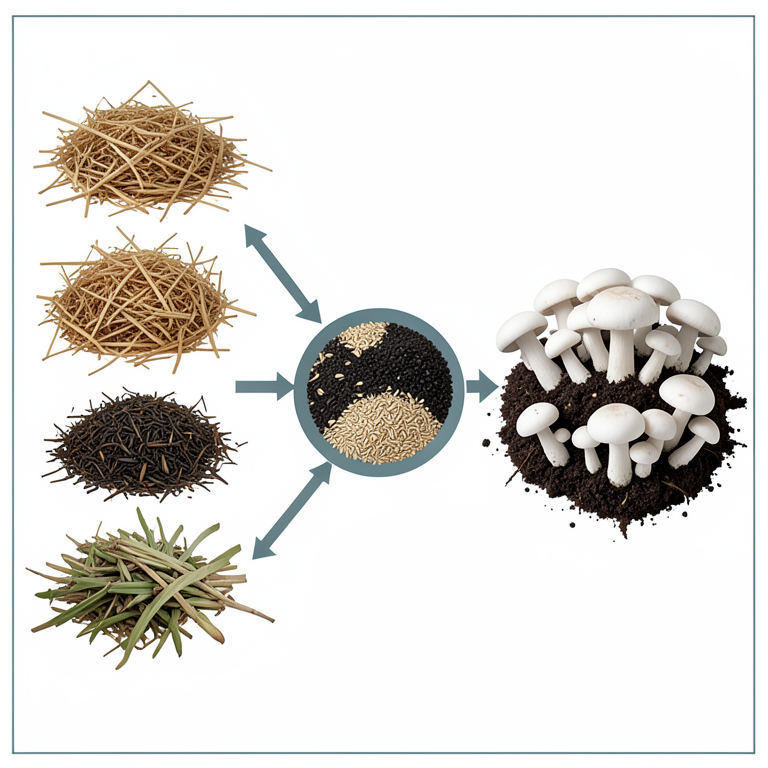 AI-generated conceptual illustration (Agaricus bisporus (button mushrooms) and agricultural waste substrates). It explains the idea and does not show study data.