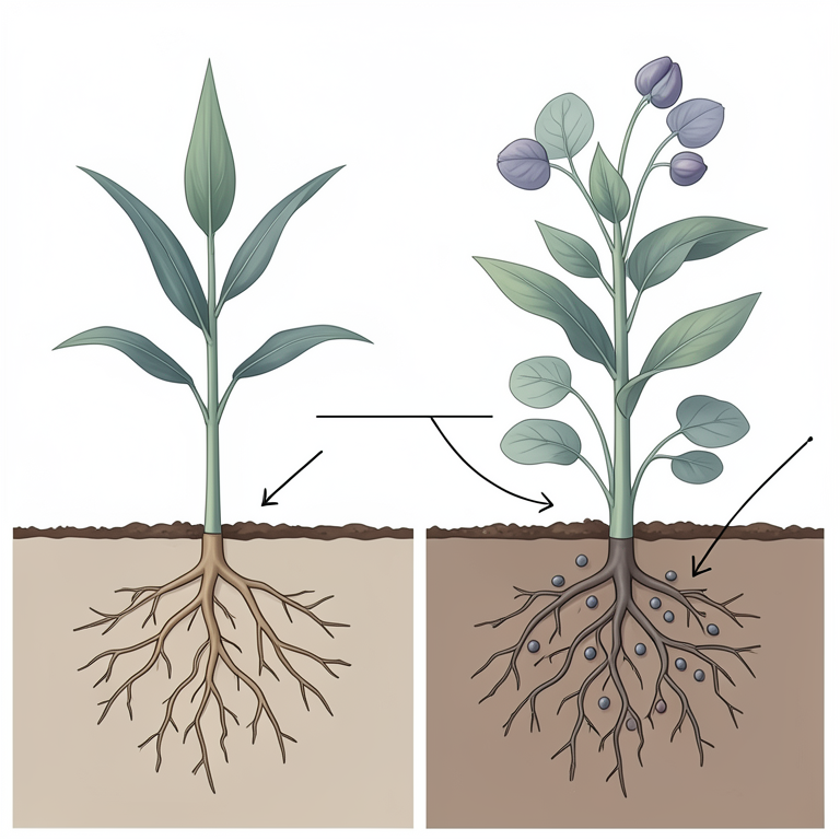 AI-generated conceptual illustration (maize plants and legume plants in soil). It explains the idea and does not show study data.