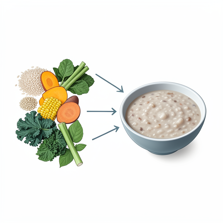 AI-generated conceptual illustration (Manado porridge ingredients (rice, pumpkin, corn, spinach, kale, sweet potato, gedi, lemongrass, and basil leaves) and a). It explains the idea and does not show study data.