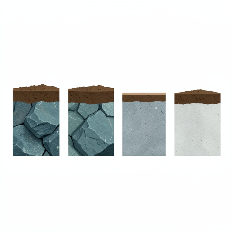 AI-generated conceptual illustration (Blue Ridge escarpment rock types (schist, gneiss, granite, and quartzite) and their overlying soil layers). It explains the idea and does not show study data.