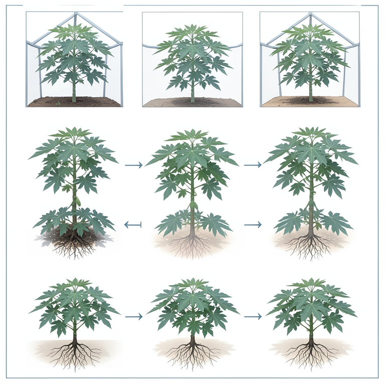 AI-generated conceptual illustration (papaya plants in a shade net house). It explains the idea and does not show study data.