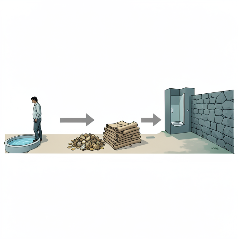 AI-generated conceptual illustration (A rural Indian village setting with a hand-washing station and a toilet facility). It explains the idea and does not show study data.