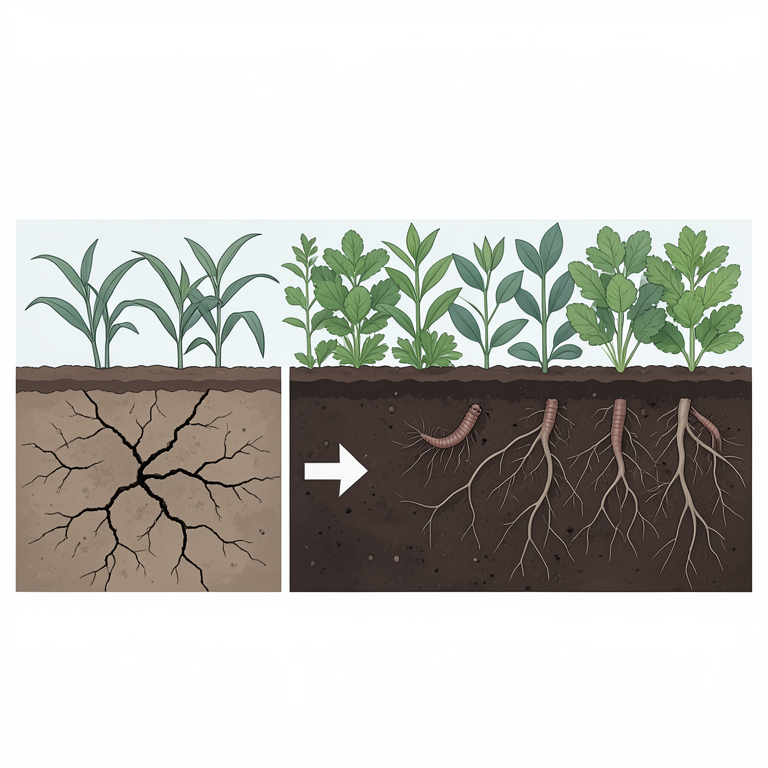 AI-generated conceptual illustration (Agricultural soil profile with diverse crop plants). It explains the idea and does not show study data.