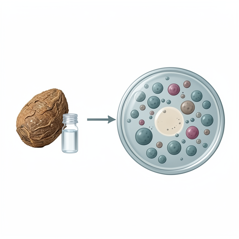 AI-generated conceptual illustration (Boswellia ovalifoliolata resin and bacterial colonies of Staphylococcus aureus and Escherichia coli). It explains the idea and does not show study data.
