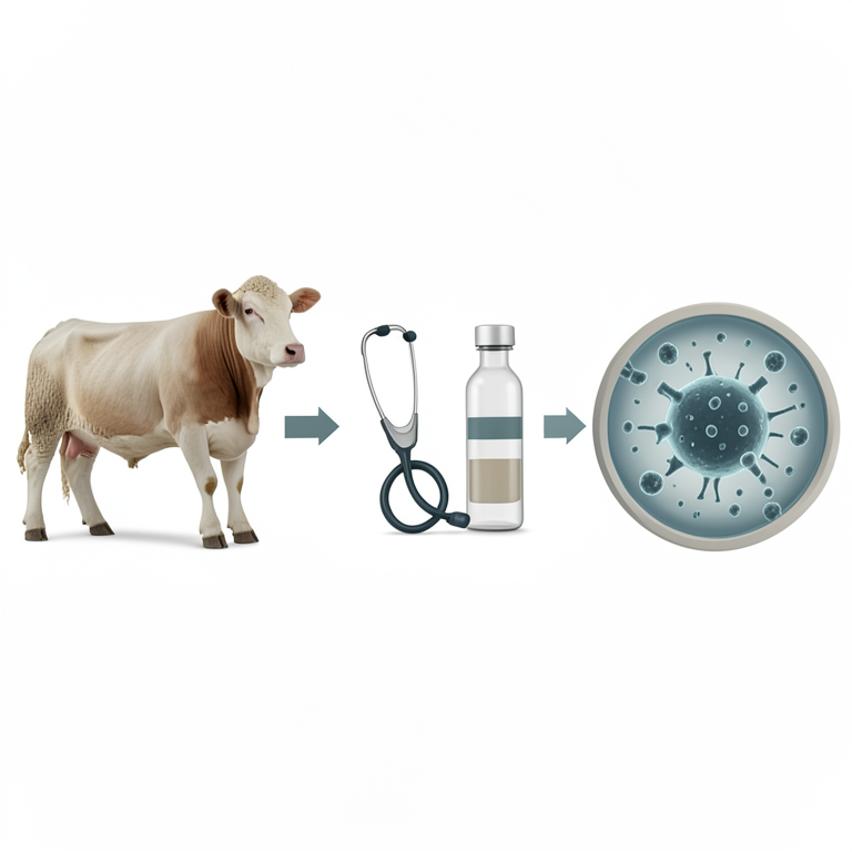 AI-generated conceptual illustration (Veterinary medical equipment and livestock animals (cattle and sheep)). It explains the idea and does not show study data.