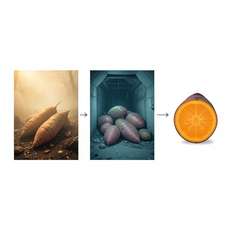 AI-generated conceptual illustration (sweet potato tubers (Ipomoea batatas)). It explains the idea and does not show study data.