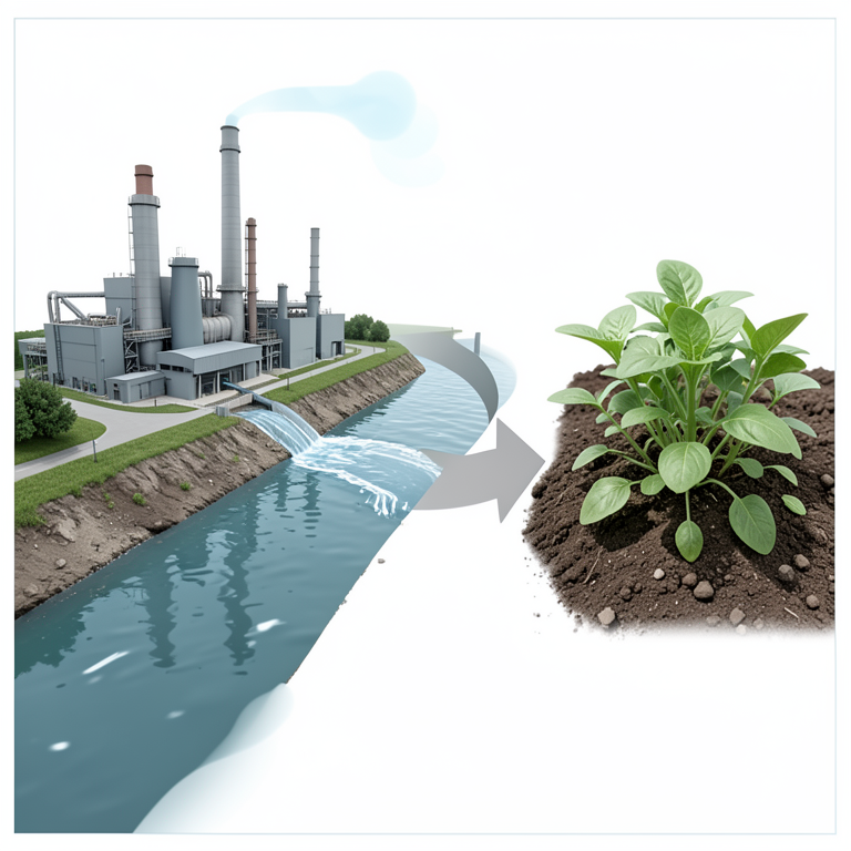 AI-generated conceptual illustration (Industrial factory, river water, soil, and spinach plants). It explains the idea and does not show study data.
