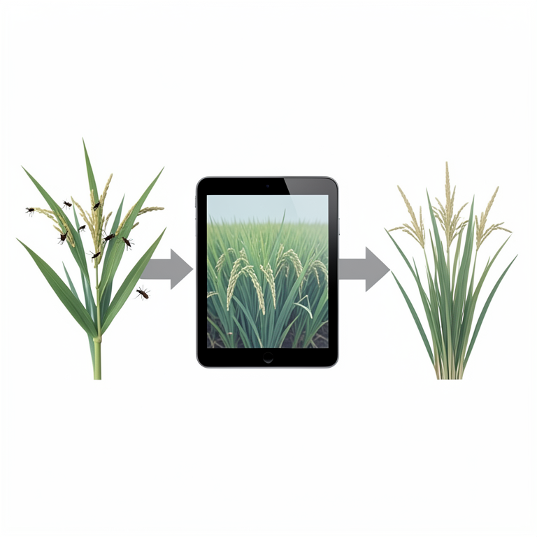 AI-generated conceptual illustration (paddy rice plants and a digital tablet screen). It explains the idea and does not show study data.