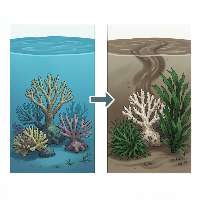 AI-generated conceptual illustration (Great Barrier Reef coral colonies and macroalgae). It explains the idea and does not show study data.