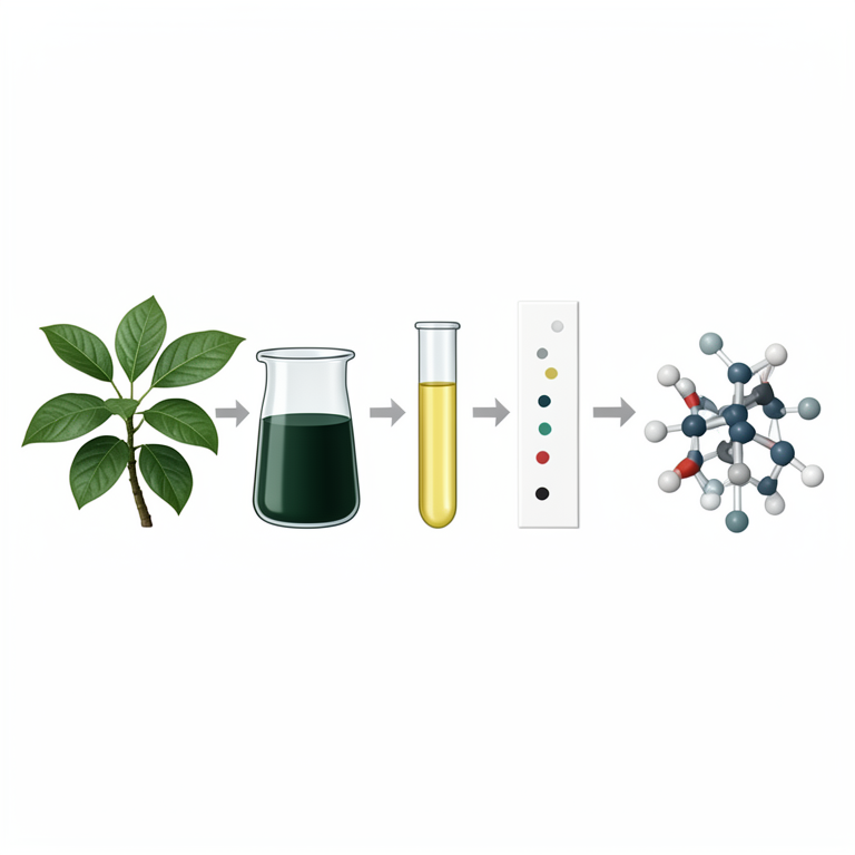 AI-generated conceptual illustration (Ficus trichopoda leaves and a chemical molecule). It explains the idea and does not show study data.