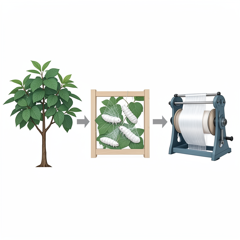 AI-generated conceptual illustration (Bombyx mori silkworms and mulberry plants in a rural Ugandan farm setting). It explains the idea and does not show study data.
