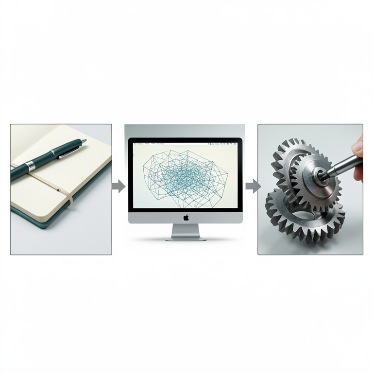 AI-generated conceptual illustration (A laboratory workstation with a computer monitor, a notebook, and a mechanical gear system). It explains the idea and does not show study data.