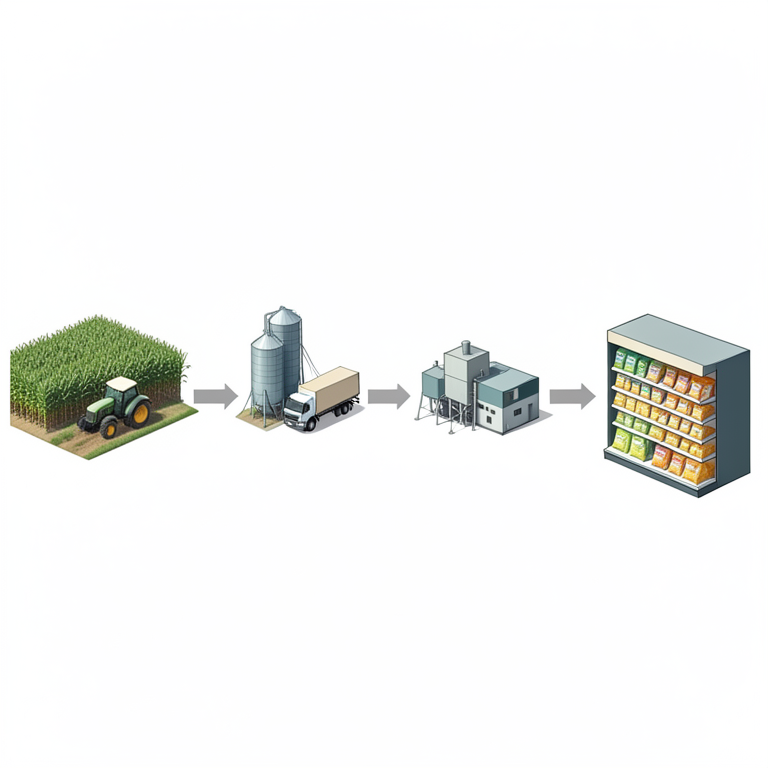 AI-generated conceptual illustration (Agricultural supply chain from corn fields to a retail grocery store). It explains the idea and does not show study data.