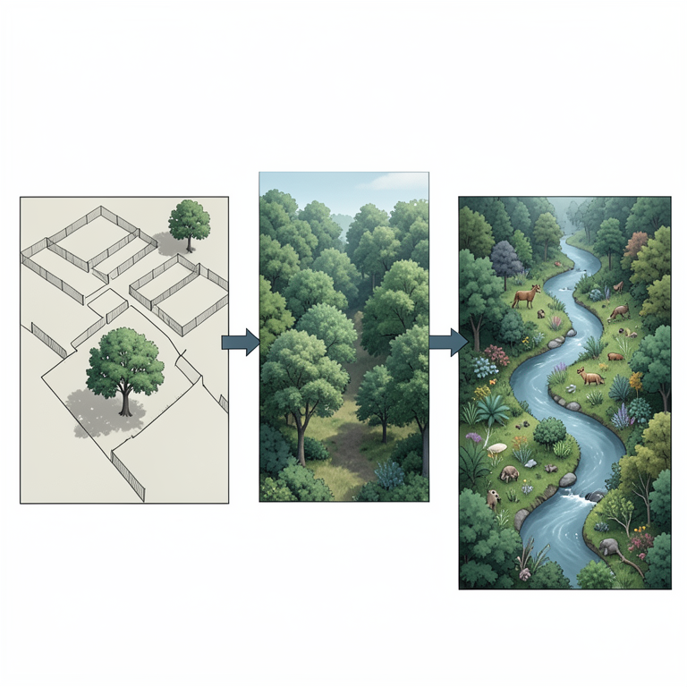 AI-generated conceptual illustration (A mixed temperate forest ecosystem with a river and diverse wildlife). It explains the idea and does not show study data.