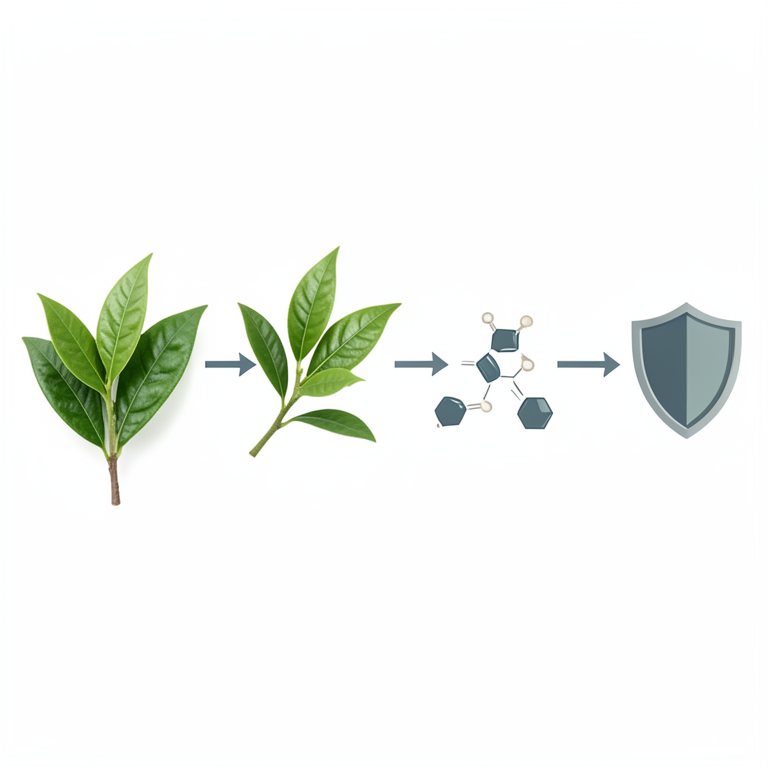 AI-generated conceptual illustration (Camellia sinensis (green tea leaves)). It explains the idea and does not show study data.