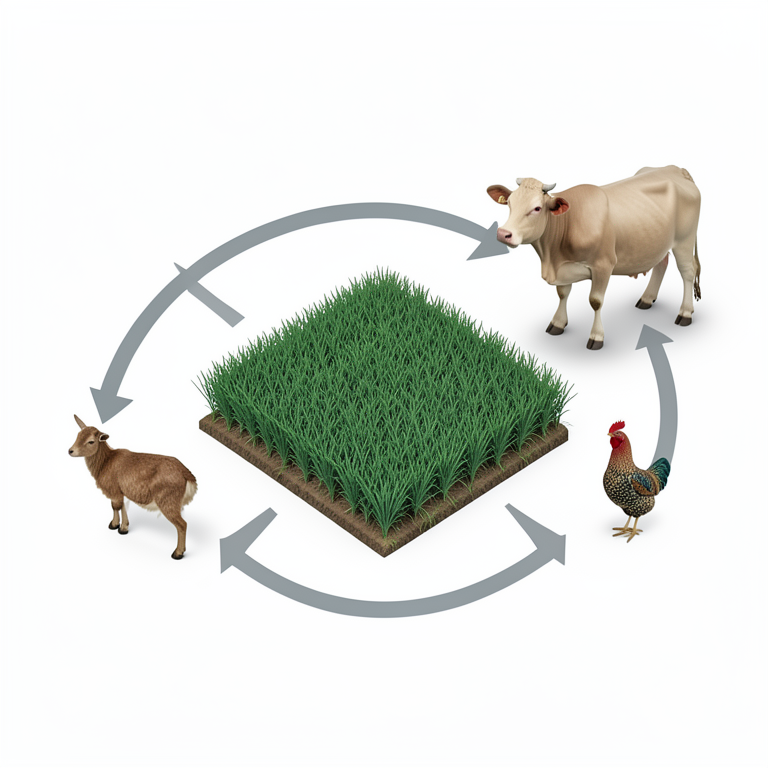 AI-generated conceptual illustration (Integrated farming system including rice crops, cows, goats, and chickens). It explains the idea and does not show study data.