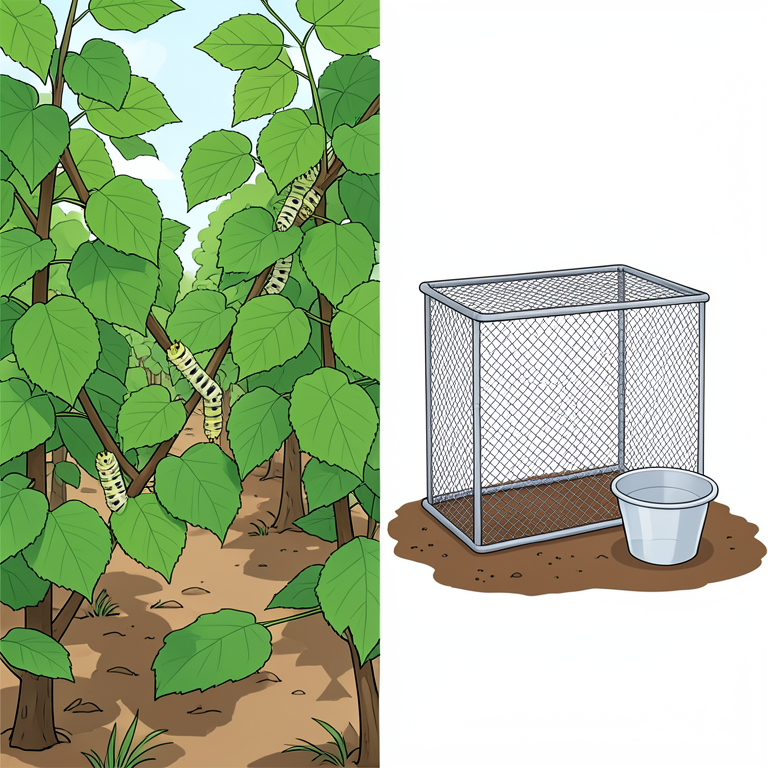 AI-generated conceptual illustration (Tasar silkworms and mulberry trees). It explains the idea and does not show study data.